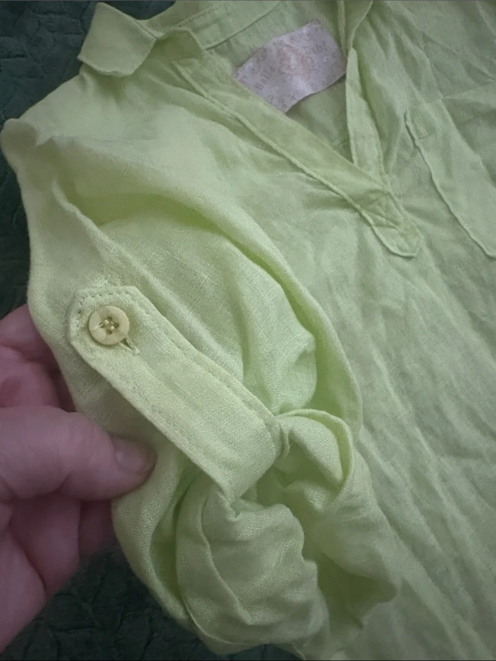 Bella Dahl 100% Linen Pastel Green Shirt 3/4 Roll Tab Sleeves Tunic XS